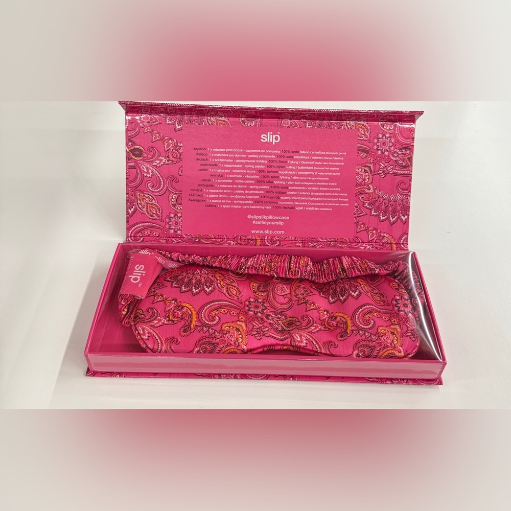 Slip x Alice + Olivia Spring Paisley" pure silk sleep mask.